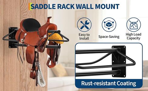 4 قطع من رف السرج المثبت على الحائط، حامل سرج فولاذي عالي التحمل مع أذرع مبطنة مزدوجة للسروج الإنجليزية والغربية، مساحة تخزين لبطانيات الخيول، اللجام، الحظيرة، المماطلة - أسود in Kuwait