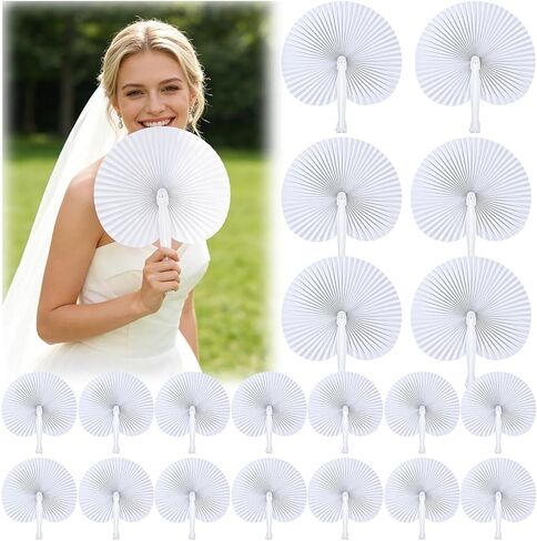WDAHDHP Folding Handheld Fans, 20Pcs White Paper Fans Bulk, Round Shaped Hand Held Fan with Plastic Handle for Wedding Birthday Party Supplies in Saudi Arabia
