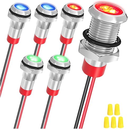 6Pcs 8mm DC 12-24V Red/Blue/Green LED Metal Indicator Light Waterproof Signal Lamp with 150mm Cable Length Metal LED Indicator Light and Wiring Cap for Car Interior Boats Engine taillight in Saudi Arabia