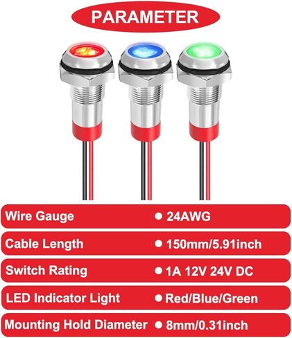 6Pcs 8mm DC 12-24V Red/Blue/Green LED Metal Indicator Light Waterproof Signal Lamp with 150mm Cable Length Metal LED Indicator Light and Wiring Cap for Car Interior Boats Engine taillight in Saudi Arabia
