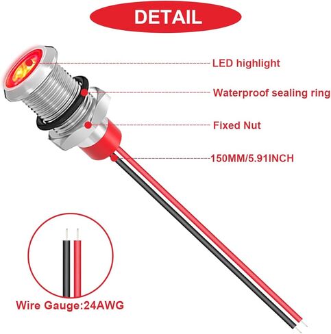 6Pcs 8mm DC 12-24V Red/Blue/Green LED Metal Indicator Light Waterproof Signal Lamp with 150mm Cable Length Metal LED Indicator Light and Wiring Cap for Car Interior Boats Engine taillight in Saudi Arabia