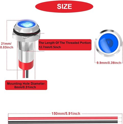 6Pcs 8mm DC 12-24V Red/Blue/Green LED Metal Indicator Light Waterproof Signal Lamp with 150mm Cable Length Metal LED Indicator Light and Wiring Cap for Car Interior Boats Engine taillight in Saudi Arabia