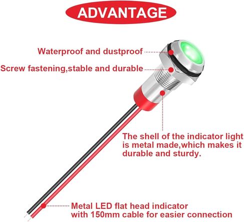 6Pcs 8mm DC 12-24V Red/Blue/Green LED Metal Indicator Light Waterproof Signal Lamp with 150mm Cable Length Metal LED Indicator Light and Wiring Cap for Car Interior Boats Engine taillight in Saudi Arabia
