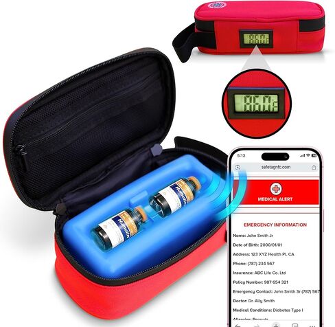SafeTag® 24h Insulin Cooler Travel Case – Portable Diabetic Medicine Bag with Thermometer Display, NFC Emergency Info, Ice Pack & Insulated Storage for Vials & Supplies in Kuwait