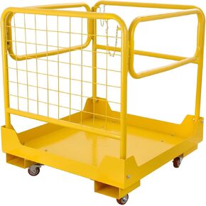 قفص أمان للرافعة الشوكية مقاس 36 بوصة × 36 بوصة منصة عمل رافعة شوكية فولاذية شديدة التحمل بسعة 1150 رطلًا مع 4 عجلات عالمية وسلة رفع قابلة للطي ومنصة جوية بقضبان جوية، أصفر in Kuwait