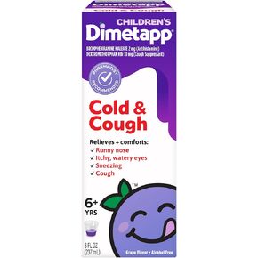 دواء Dimetapp لعلاج البرد والسعال للأطفال، مثبط السعال، مزيل احتقان الأنف، مضادات الهيستامين، يخفف احتقان الأنف، السعال، الحكة، العيون الدامعة والعطس، نكهة العنب، خالي من الكحول، 8 أونصة سائلة in Kuwait
