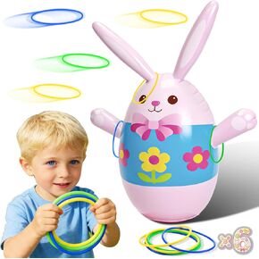 Easter Inflatable Bunny Ring Toss Game with 6 Plastic Rings, 37in Wobble Punching Rabbit Toy for Kids, Outdoor Family Yard Activity, Easter Party Decoration Gift in Kuwait