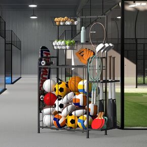 Shinoske Sports Equipment Organizer, Garage Storage Rack With Hooks and Baskets,Multi Use Large capacity Ball Storage Rack for Basketball,Football, Soccer, Bat, Toys,Indoor/Outdoor Use,Black in Kuwait