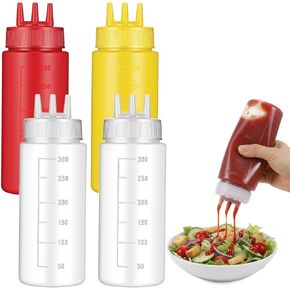 Grevosea 4 Pcs Condiment Squeeze Bottles for Sauces, 300ml/10oz 3-Hole Ketchup Bottles Squeeze Plastic Condiment Bottle for Sauce Ketchup Mustard Syrup BBQ Squirt Bottle for Kitchen Arts and Crafts in Kuwait