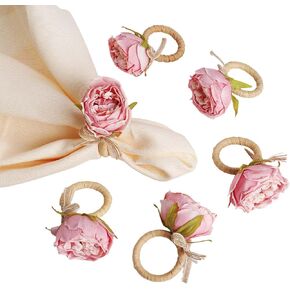 Handcraft Flower Napkin Rings Set of 6,Pink Peony Flower Handmade Napkin Holder Rings Table Decorations for Summer,Wedding,Luncheons,Picnics,Banquet, Birthday,Christmas,Valentine's, Thanksgiving in Kuwait