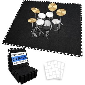 Focusound 20Pcs Sound Absorbing Interlocking Drum Rug, 11.8 x 11.8 x 0.4 inches High Density Soundproof Floor Mats, Non-Slip Anti Vibration Piano Carpet Drum Mat for Music Studio, Black in Kuwait