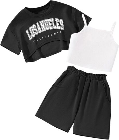 Girl's Summer 3 Piece Outfits Graphic Short Sleeve Crop Top Cami and Shorts Clothes Set in Kuwait