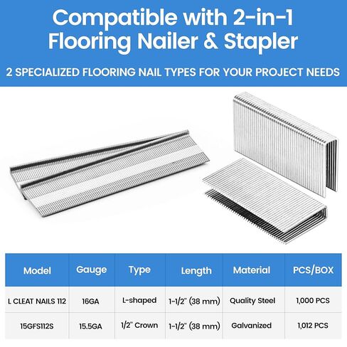 meite 1-1/2-Inch Assorted Flooring Fasteners Kit: 16GA L Cleat Flooring Nails and 15.5GA Flooring Staples Fits 2-in 1 Flooring Nailer Gun for Hardwood Flooring in Saudi Arabia