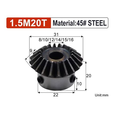 Bevel Gear 1.5M 20Teeth Inner Hole 8/10/12/14/15/16mm 90 Degrees Meshing Angle Steel Gears Screw Hole M5(8mm,10pcs 1.5M20T) in Kuwait