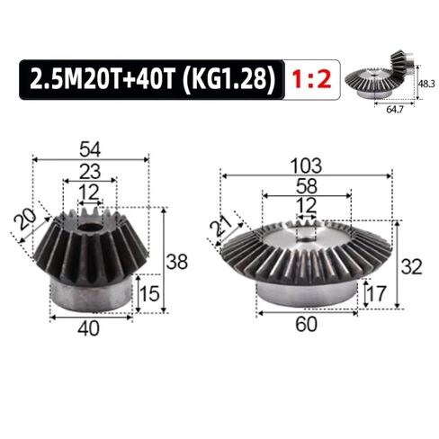1:2 Bevel Gear 2.5M 20 Teeth +40 Teeth Inner Hole 12mm 90 Degree Drive Commutation Steel Gears Screw M5 in Kuwait