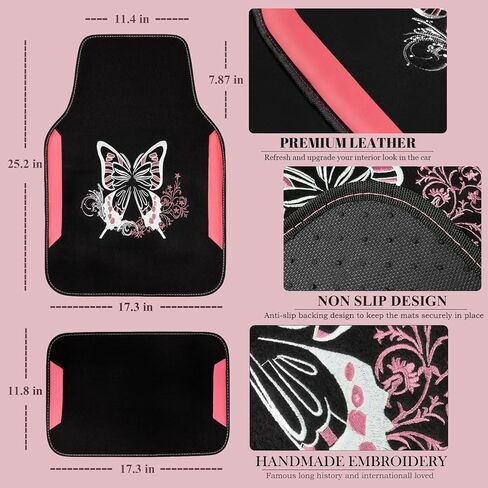 CAR PASS Embroidery Butterfly Leather Car Floor Mats, Purple Carpet Floor Mats with Heel Pad for Cute Women Girl, Universal Fit for Suvs,Sedans,Trucks,Cars, Set of 4 ((Black and Purple) in Kuwait
