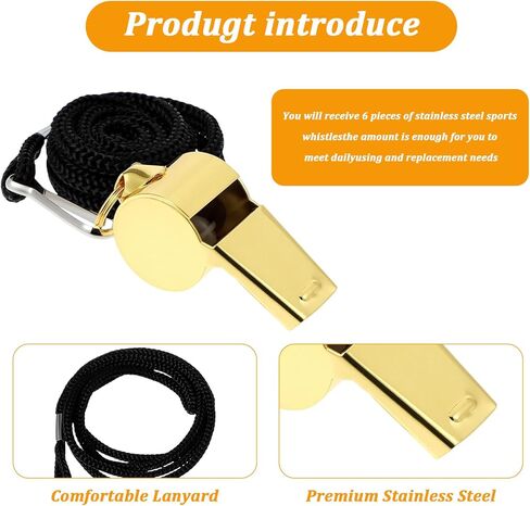 6Pcs Stainless Steel Gold Whistle with Lanyard, Loud Crisp Sound Whistle for Coaches, Referee Coach Whistles, Sports Whistles for Football Basketball Soccer School Lifeguard Emergency in Saudi Arabia