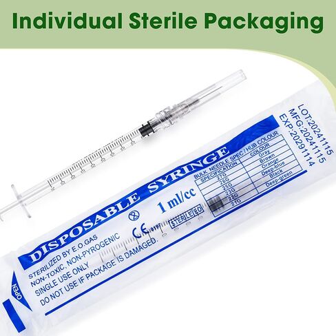 محاقن 1 مل بإبرة 27 قياس 1/2 بوصة - حقنة قفل لور 1 سم مكعب، 100 عبوة مغلفة بشكل فردي - مثالية للزيوت العطرية وإعادة تعبئة الحبر والغراء وأبحاث المختبر in Kuwait
