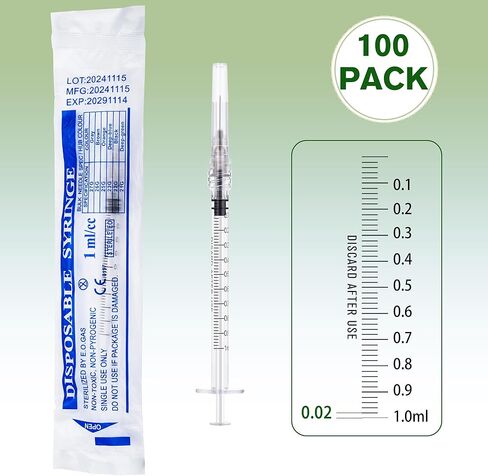 محاقن 1 مل بإبرة 27 قياس 1/2 بوصة - حقنة قفل لور 1 سم مكعب، 100 عبوة مغلفة بشكل فردي - مثالية للزيوت العطرية وإعادة تعبئة الحبر والغراء وأبحاث المختبر in Kuwait