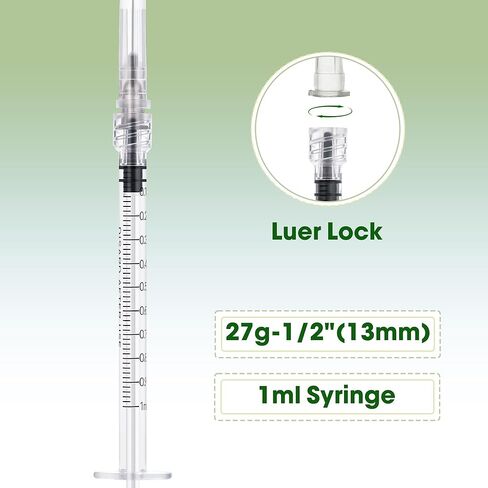 محاقن 1 مل بإبرة 27 قياس 1/2 بوصة - حقنة قفل لور 1 سم مكعب، 100 عبوة مغلفة بشكل فردي - مثالية للزيوت العطرية وإعادة تعبئة الحبر والغراء وأبحاث المختبر in Kuwait