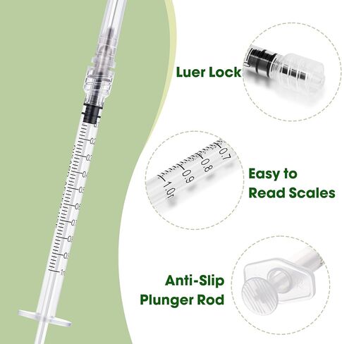 محاقن 1 مل بإبرة 27 قياس 1/2 بوصة - حقنة قفل لور 1 سم مكعب، 100 عبوة مغلفة بشكل فردي - مثالية للزيوت العطرية وإعادة تعبئة الحبر والغراء وأبحاث المختبر in Kuwait
