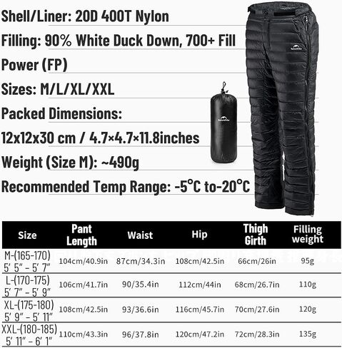 Naturehike Side Zipper Duck Down Pants, Packable Winter Snow Ski Pants for Men&Women, Windproof Warm Insulated Puffy Trousers in Kuwait