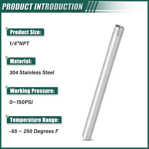 2PCS 304 Stainless Steel Pipe Fittings, 12" Length Nipple Cast Pipe, 1/4" NPT Male x 1/4" NPT Male Threaded for water/oil/air/fuel in Kuwait