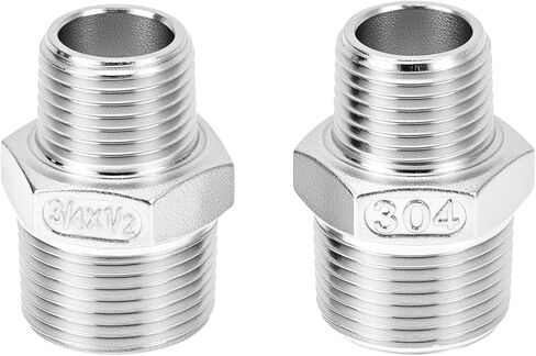 QWORK Reducing Hex Nipple, 2 Pack 3/4" NPT Male x 1/2" NPT Male 304 Stainless Steel Pipe Fitting, Threaded Pipe Fitting NPT, Straight Connector, Reducer Nipple Adapter in Saudi Arabia