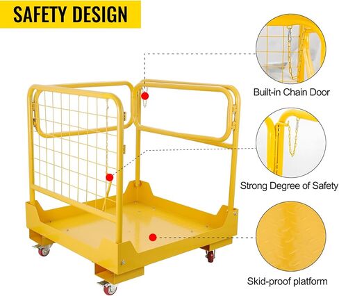 قفص أمان للرافعة الشوكية مقاس 36 بوصة × 36 بوصة منصة عمل رافعة شوكية فولاذية شديدة التحمل بسعة 1150 رطلًا مع 4 عجلات عالمية وسلة رفع قابلة للطي ومنصة جوية بقضبان جوية، أصفر in Kuwait