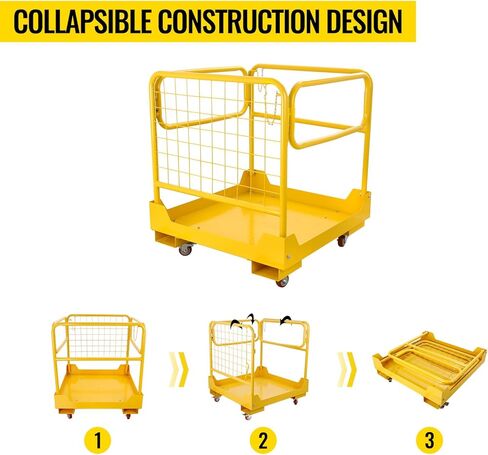 قفص أمان للرافعة الشوكية مقاس 36 بوصة × 36 بوصة منصة عمل رافعة شوكية فولاذية شديدة التحمل بسعة 1150 رطلًا مع 4 عجلات عالمية وسلة رفع قابلة للطي ومنصة جوية بقضبان جوية، أصفر in Kuwait