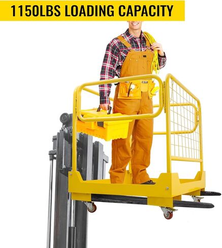 Forklift Safety Cage 36''x36'' Heavy Duty Steel Forklift Work Platform 1150LBS Capacity with 4 Universal Wheels Collapsible Lift Basket Aerial Rails Aerial Platform, Yellow in Saudi Arabia