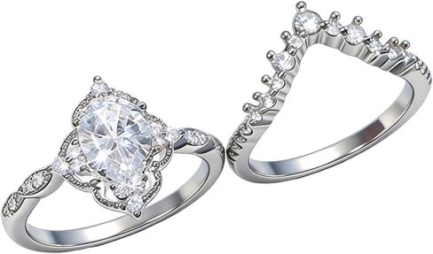 Platinum Plated Teardrop CZ Solitaire Engagement Ring Set Pear-Shaped Bridal Rings Sets for Women Wishbone 'V' Cubic Zirconia Stackable Simulated Diamond Eternity Wedding Promise Band 10# in Kuwait