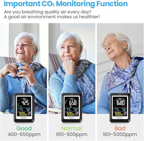 كاشف ثاني أكسيد الكربون من نيوينتور مع رطوبة درجة الحرارة الداخلية، شاشة ثاني أكسيد الكربون مع منبه على مدار الساعة، كاشف ثاني أكسيد الكربون للمنزل، جهاز مراقبة جودة الهواء المحمول مستشعر ثاني أكسيد الكربون لمصنع حديقة الخيام، أسود in Kuwait