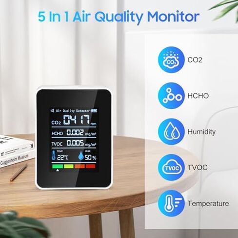جهاز مراقبة جودة الهواء، جهاز اختبار جودة محمول 5 في 1، جهاز كشف جودة الهواء للكشف عن ثاني أكسيد الكربون في الداخل، لثاني أكسيد الكربون | TVOC | هكو | درجة الحرارة هومي للمنزل، نباتات السيارات، الفندق، المكتب in Kuwait