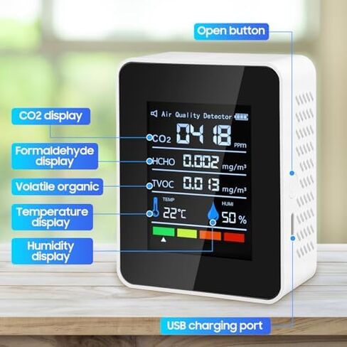 جهاز مراقبة جودة الهواء، جهاز اختبار جودة محمول 5 في 1، جهاز كشف جودة الهواء للكشف عن ثاني أكسيد الكربون في الداخل، لثاني أكسيد الكربون | TVOC | هكو | درجة الحرارة هومي للمنزل، نباتات السيارات، الفندق، المكتب in Kuwait