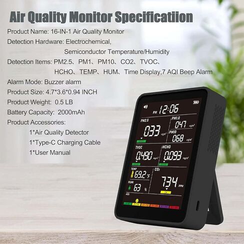 Professional Indoor Air Quality Monitor with AQI Alerts, Portable Real-Time Detector for Home, Car, Plants & Pet in Kuwait