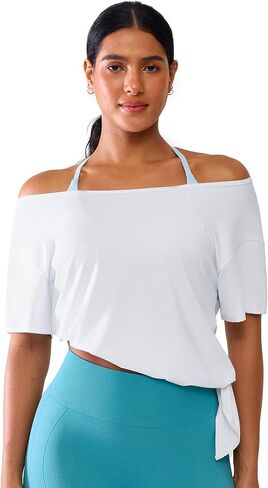 Moisture Wicking Oversized Off The Shoulder Drop Shoulder Tops for Women Short Sleeves Yoga Workout Tee Shirts Tshirt in Kuwait