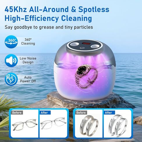 منظف ​​المجوهرات بالموجات فوق الصوتية | آلة التنظيف بالموجات فوق الصوتية 45 كيلو هرتز مع 4 أوضاع وشاشة عرض مؤقت رقمية | تنظيف منخفض الضوضاء بزاوية 360 درجة لفرش المكياج والنظارات والقلائد والخواتم | خزان الفولاذ المقاوم للصدأ in Kuwait