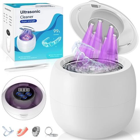 Wireless Ultrasonic Retainer Cleaner Machine 48kHz 210ML Ultrasonic Cleaner, Dental Cleaning Pod with 6 UV Lamps, Digital Timer, 4 Modes, UV Cleaner for Dentures, Aligners, Braces, Jewelry in Saudi Arabia
