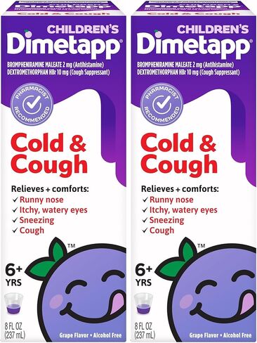 دواء Dimetapp لعلاج البرد والسعال للأطفال، مثبط السعال، مزيل احتقان الأنف، مضادات الهيستامين، يخفف احتقان الأنف، السعال، الحكة، العيون الدامعة والعطس، نكهة العنب، خالي من الكحول، 8 أونصة سائلة in Kuwait