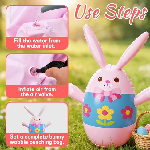 Easter Inflatable Bunny Ring Toss Game with 6 Plastic Rings, 37in Wobble Punching Rabbit Toy for Kids, Outdoor Family Yard Activity, Easter Party Decoration Gift in Kuwait