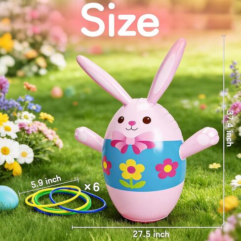 Easter Inflatable Bunny Ring Toss Game with 6 Plastic Rings, 37in Wobble Punching Rabbit Toy for Kids, Outdoor Family Yard Activity, Easter Party Decoration Gift in Kuwait