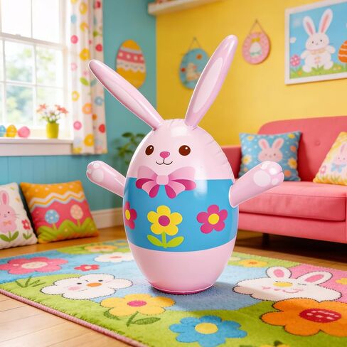 Easter Inflatable Bunny Ring Toss Game with 6 Plastic Rings, 37in Wobble Punching Rabbit Toy for Kids, Outdoor Family Yard Activity, Easter Party Decoration Gift in Kuwait