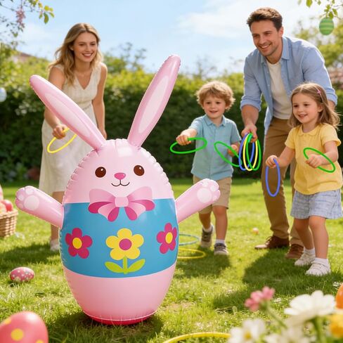 Easter Inflatable Bunny Ring Toss Game with 6 Plastic Rings, 37in Wobble Punching Rabbit Toy for Kids, Outdoor Family Yard Activity, Easter Party Decoration Gift in Kuwait