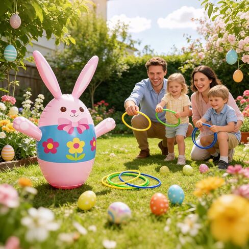 Easter Inflatable Bunny Ring Toss Game with 6 Plastic Rings, 37in Wobble Punching Rabbit Toy for Kids, Outdoor Family Yard Activity, Easter Party Decoration Gift in Kuwait