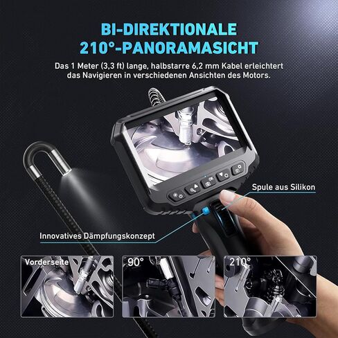 Ralcam Articulating Borescope Endoscope Camera with Light, 210° Dual-Direction Snake Camera for Automotive Inspection, 6.2mm Probe, 4.3" HD Screen, 6 Adjustable LEDs, IP67 Waterproof Semi-Rigid Cable in Kuwait