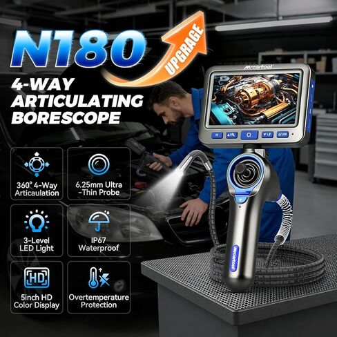 4-Way 360° Articulating Borescope with 6 Light, Endoscope Camera with 6.2mm Probe, 8X Zoom Inspection Camera for Automotive Engine Pipe HVAC in Kuwait