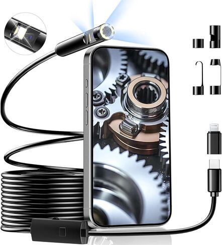 منظار داخلي صناعي ذو عدسة مزدوجة، بوريسكوب 1920 بكسل مع ضوء LED 8+1 قابل للتعديل، منظار داخلي مع كاميرا ثعبان بكابل شبه صلب بطول 16.5 قدم / كاميرا مقاومة للماء Ip67 مقاس 7.9 ملم لهواتف iPhone وIpad وSamsung in Kuwait