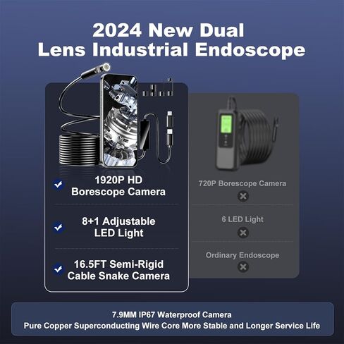 منظار داخلي صناعي ذو عدسة مزدوجة، بوريسكوب 1920 بكسل مع ضوء LED 8+1 قابل للتعديل، منظار داخلي مع كاميرا ثعبان بكابل شبه صلب بطول 16.5 قدم / كاميرا مقاومة للماء Ip67 مقاس 7.9 ملم لهواتف iPhone وIpad وSamsung in Kuwait
