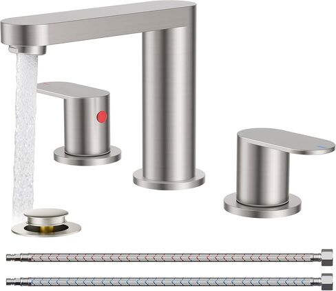 حنفية حمام سوداء غير لامعة خالية من الرصاص من QFN، 3 فتحات، صنبور حوض حمام مربع بعرض 8 بوصة، مقبضين لحوض الغرور مقاس 4 بوصة - 12 بوصة مع استنزاف معدني منبثق وخراطيم إمداد cUPC مقاس 24 بوصة in Kuwait